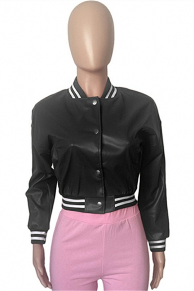 Girls Original Stripe Pattern Stand Collar Long Sleeve Slim Fitted Cropped Leather Jacket