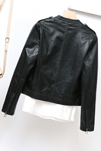 Girls Unique Solid Color Lapel Collar Long-Sleeved Fitted Zip down Leather Jacket