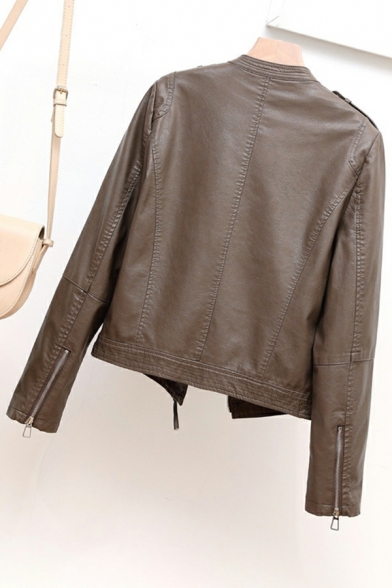 Girls Unique Solid Color Lapel Collar Long-Sleeved Fitted Zip down Leather Jacket