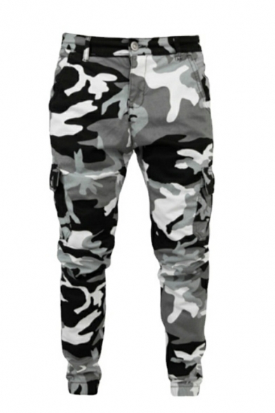 Guy's Edgy Camouflage Pattern Full Length Mid Rise Skinny Zip Placket Jeans