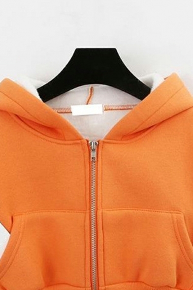 Ladies Hot Pure Color Hooded Long-Sleeved Regular Fit Pocket Front Zipper Crop Hoodie