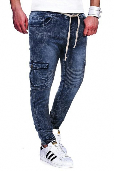 Men Boyish Solid Pleated Decorated Long Length Mid Rise Slim Drawstring Waist Jeans