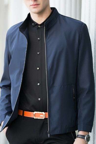 Men Dashing Plain Pocket Decoration Long Sleeves Regular Stand Collar Zip Fly Jacket