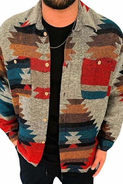 Men's Striped Printed Jacket Autumn Loose Long Sleeve Lapel Button Coat