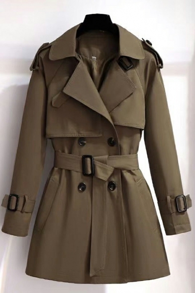 Simple Women Solid Lapel Collar Belt Fitted Long Sleeve Double Breasted Trench Coat