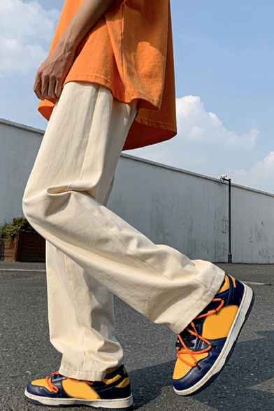 Street Style Guys Pure Color Pocket Designed Mid Rise Loose Fitted Elastic Waist Pants