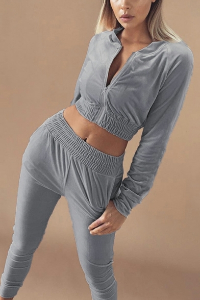 Velvet Casual Sports Suit Solid Color Long-sleeved Short Zipper Sweater & Trousers