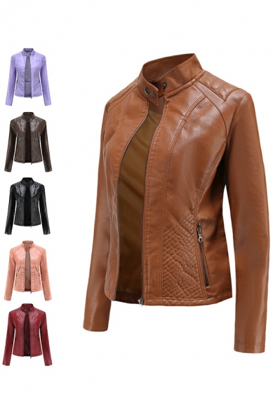 Women Cool Jacket Pure Color Stand Collar Long Sleeves Slim Fit Zip Placket Leather Jacket