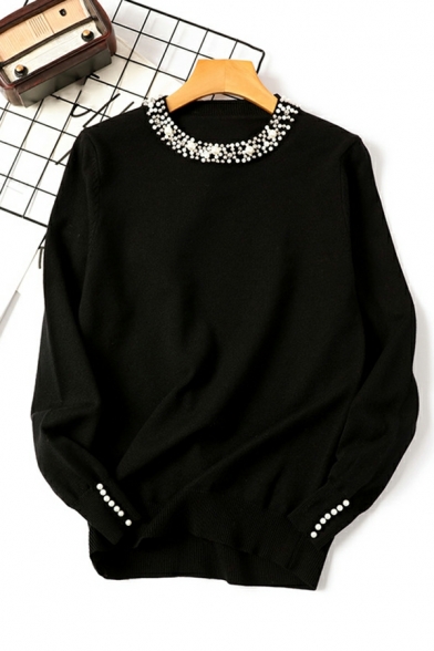 Casual Womens Solid Beading Decoration Crew Neck Long Sleeve Fitted Knitted Top