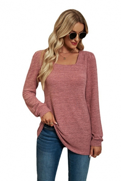 Creative Girls Square Neck Solid Color Pleated Detail Long Sleeves Fitted T-shirt
