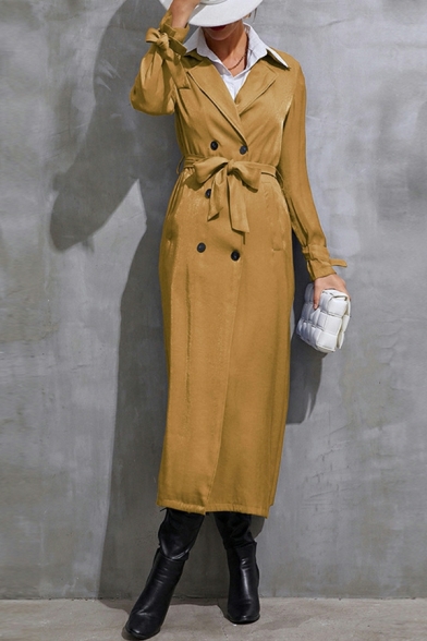 Dashing Ladies Whole Colored Lapel Collar Long Sleeves Fitted Double Breasted Trench Coat