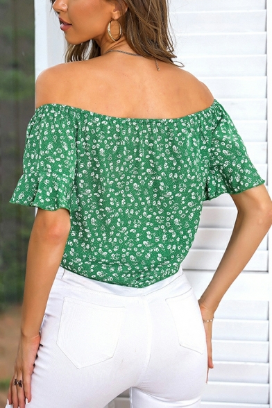 Edgy Women Floral Bow Detail off The Shoulder Short-sleeved Regular Crop Shirt