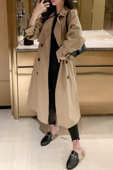 Elegant Plain Pocket Lapel Collar Loose Long Sleeve Double Breasted Trench Coat for Ladies