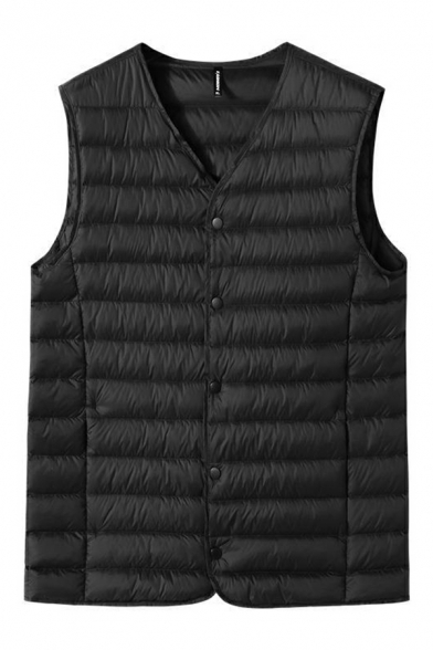 Elegant Pure Color Sleeveless V-neck Regular Fitted Button Placket Vest for Boys