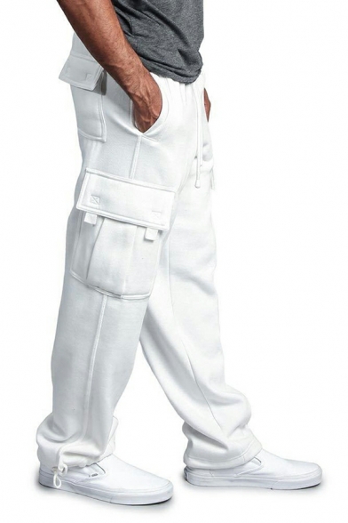 Fashionable Guy's Plain Flap Pocket Mid Rise Loose Drawcord Waist Cargo Pants