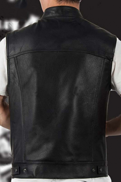 Freestyle Solid Color Stand Collar Chest Pocket Regular Button Up Leather Vest for Guys