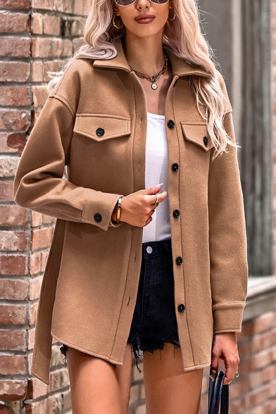 Girl's Fashion Solid Chest Pocket Spread Collar Regular Long Sleeves Button-up Trench Coat