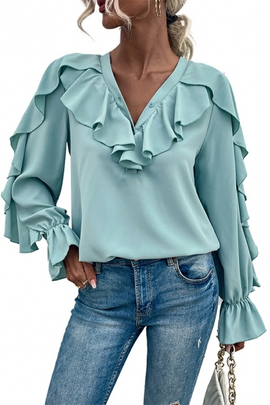 Hot Ladies Pure Color Button Detail Long Sleeve V-neck Ruffles Regular Shirt