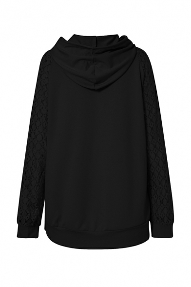 Hot Womens Pure Color Fitted Long-Sleeved Hooded Lace Detailed Drawstring Hoodie