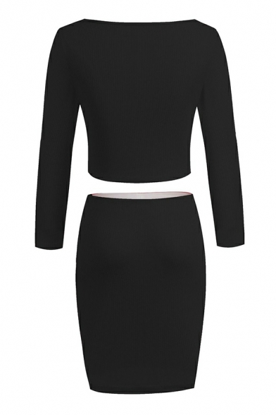 Ladies Slim Sexy Skirt Set with One Shoulder Long Sleeve Square Neck Top