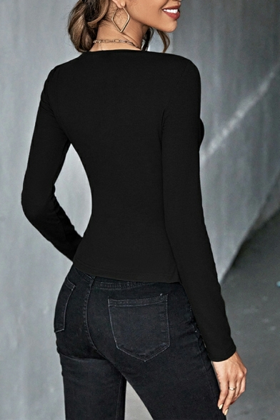 Ladies Urban Solid V-neck Long Sleeves Hollow Detail Skinny Knitted Top