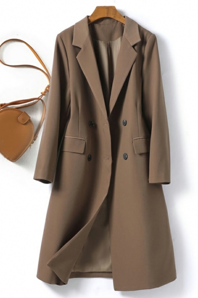 Leisure Ladies Solid Lapel Collar Loose Flap Pocket Long Sleeve Double Breast Trench Coat