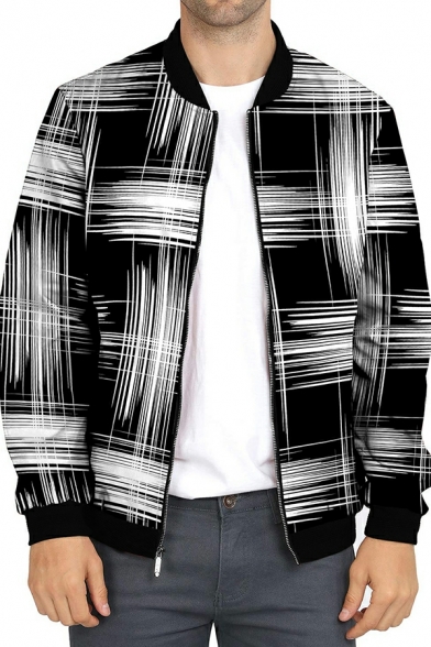 Men Casual 3D Pattern Pocket Decorated Long Sleeve Stand Collar Fitted Zipper Coat