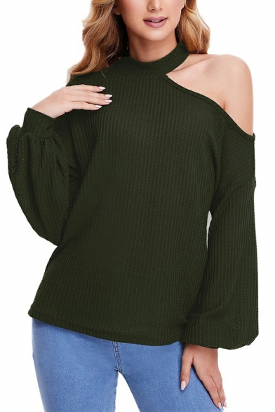 Modern Women Solid Color Cold Shoulder Long Sleeve Regular Fit Knit Top