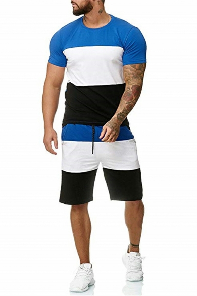 Pop Men Contrast Color Crew Collar Short-Sleeved T-shirt with Drawcord Shorts Slim Co-ords