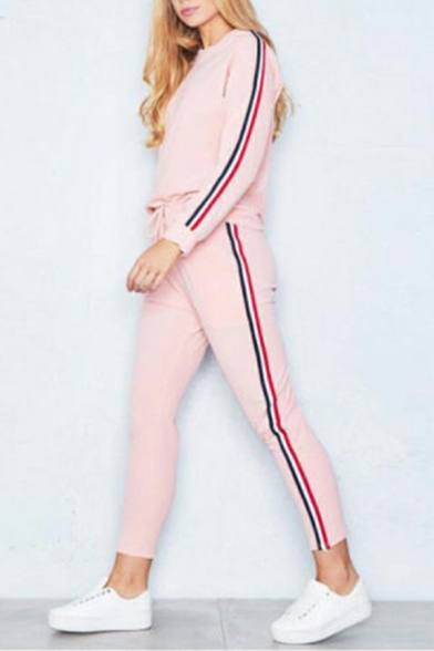 Popular Girls Stripe Pattern Crew Neck Long Sleeve Sweatshirt with Ankle Length Pants Set