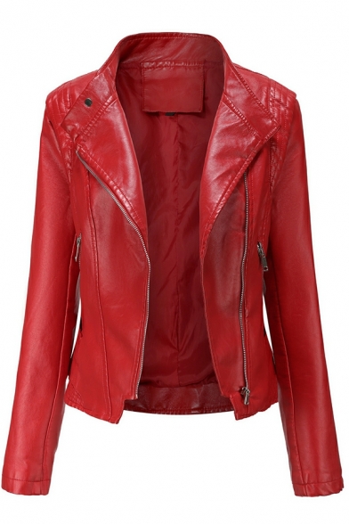 Street Style Ladies Solid Color Pocket Design Long Sleeves Slimming Zipper Leather Jacket
