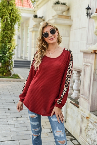 Women Dashing Leopard Printed Long Sleeve One Shoulder Regular T-shirt