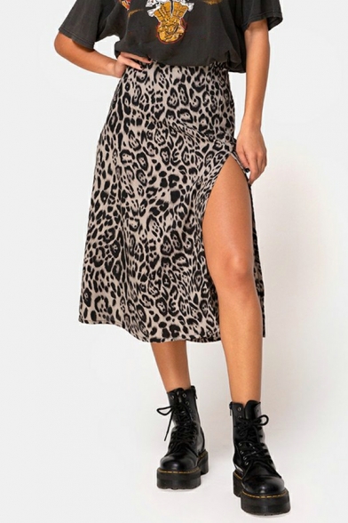 Basic Ladies Leopard Printed Split Regular Midi Length High Elastic Waist Skirt
