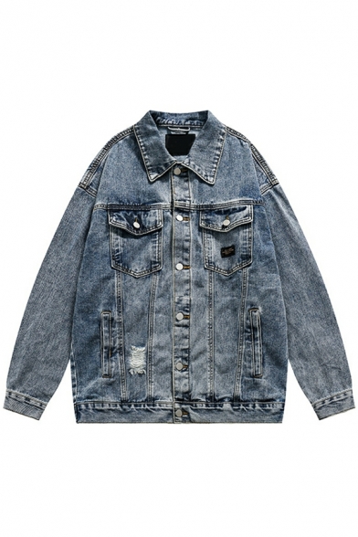 Boyish Guy's Pure Color Chest Pocket Point Collar Long Sleeves Relaxed Denim Jacket