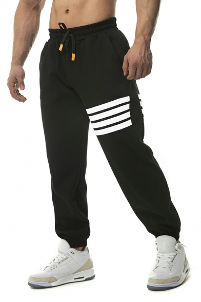 Chic Stripe Print Pocket Designed Mid Rise Drawcord Waist Loose Pants for Men