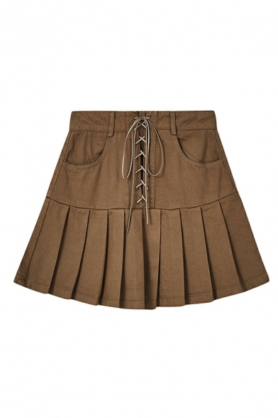 Dashing Whole Colored High Waist Mini Fitted Lace-up Pleated Skirt for Women