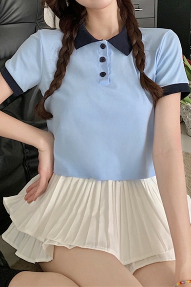 Girls Street Look Point Collar Color Block Short Sleeves Button-up Crop Polo Shirt
