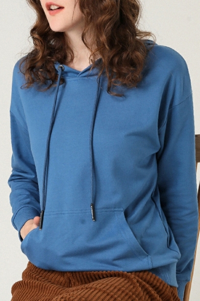 Girls Urban Solid Color Regular Fitted Long-Sleeved Hooded Drawstring Pocket Hoodie