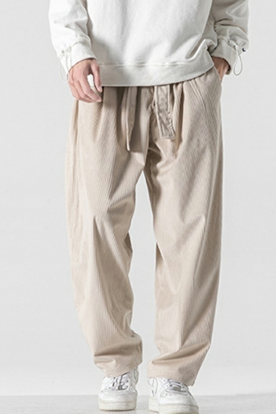 Guy's Classic Pure Color Belt Mid Waist Zip Placket Oversized Pocket Pants