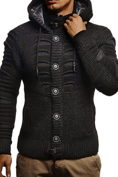 Guys Dashing Pure Color Pleated Drawstring Long Sleeves Skinny Button Down Cardigan
