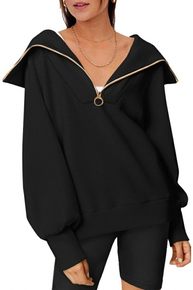 Ladies Girlish Solid Color Long Sleeve Regular Fitted Hooded Half Zipper Hoodie