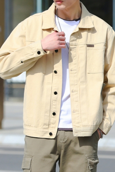 Casual Men Plain Front Pocket Long Sleeve Spread Collar Loose Denim Jacket