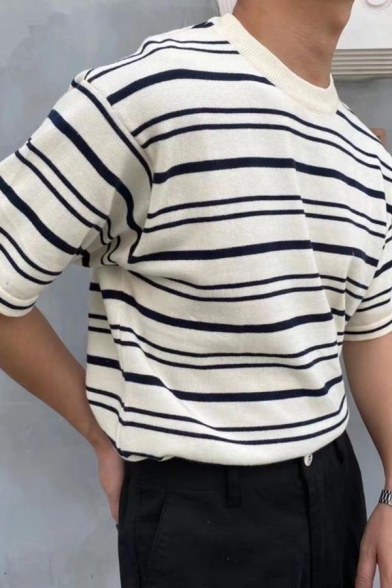 Guys Fashionable Striped Print Fitted Round Collar Long Sleeves Soft Tee Top