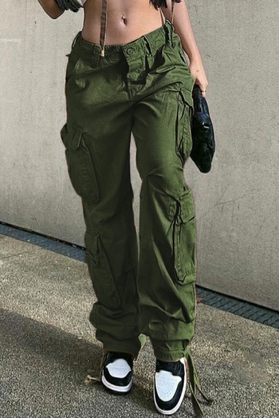 Ladies Boyish Pure Color Pocket Oversized Mid Rise Long Length Zipper Cargo Pants