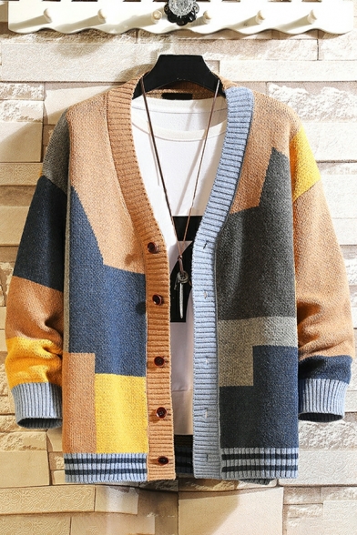 Street Style Guy's Contrast Color Long Sleeve Relaxed Single Breast V-neck Cardigan