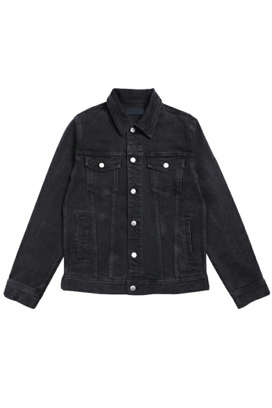 Urban Jacket Plain Chest Pocket Point Collar Long Sleeves Button Fly Denim Jacket for Men