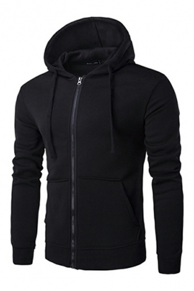 Chic Guy's Pure Color Long-sleeved Slimming Hooded Drawstring Zip Placket Hoodie