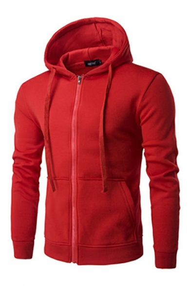 Chic Guy's Pure Color Long-sleeved Slimming Hooded Drawstring Zip Placket Hoodie