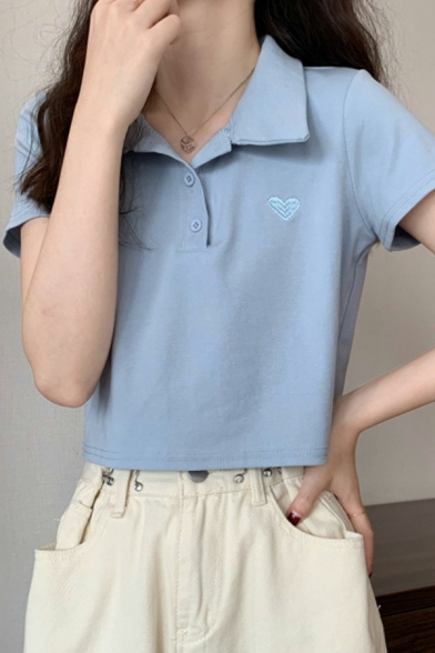 Chic Ladies Heart Pattern Button Detail Turn-down Long Sleeve Crop Polo Shirt