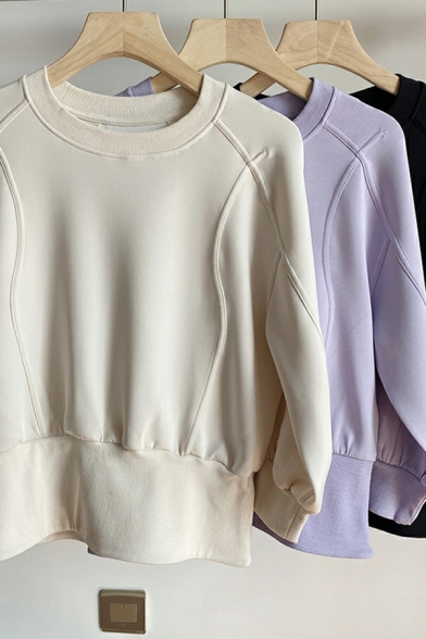 Dashing Women's Whole Colored Long Sleeve Crew Neck Pullover Sweatshirt